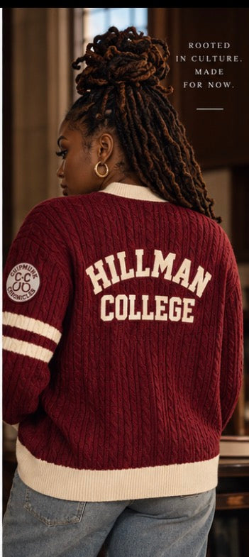 Hillman College Heavyweight Cable-Knit Cardigan — Maroon & Ivory