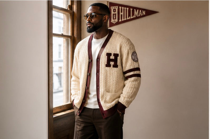 Hillman College Heavyweight Cable-Knit Cardigan — Cream & Maroon
