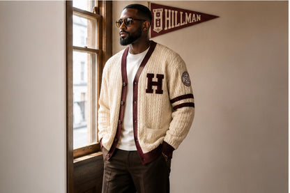 Hillman College Heavyweight Cable-Knit Cardigan — Cream & Maroon