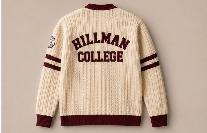 Hillman College Heavyweight Cable-Knit Cardigan — Cream & Maroon