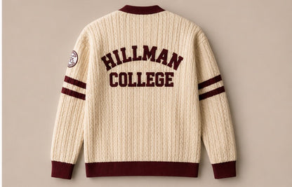 Hillman College Heavyweight Cable-Knit Cardigan — Cream & Maroon
