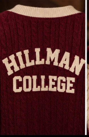 Hillman College Heavyweight Cable-Knit Cardigan — Maroon & Ivory
