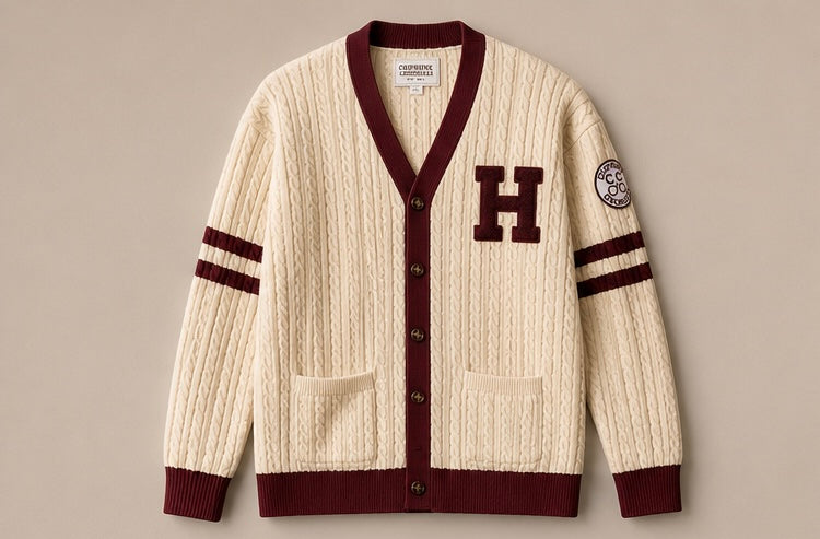 Hillman College Heavyweight Cable-Knit Cardigan — Cream & Maroon